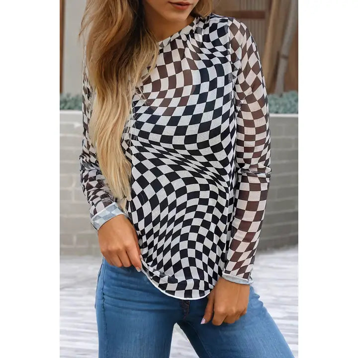 CHECKERED MESH LONG SLEEVE TOP