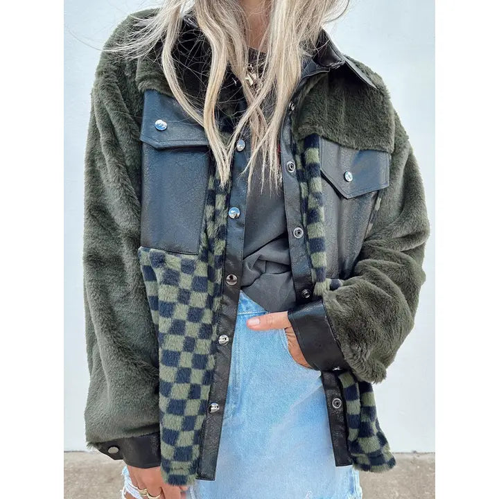 GREEN CHECKERED FUR JACKET 10% OFF APPLIED IN CART