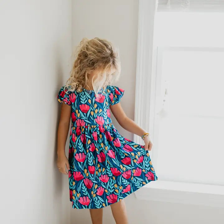Girls Blue & Pink Floral Dress