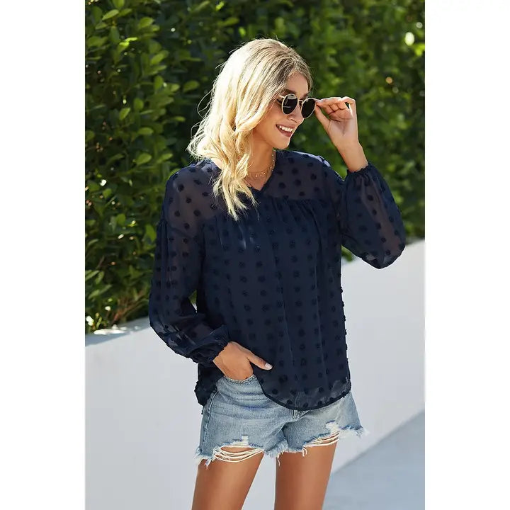 SHEER V-NECK TEXTURED LONG SLEEVE