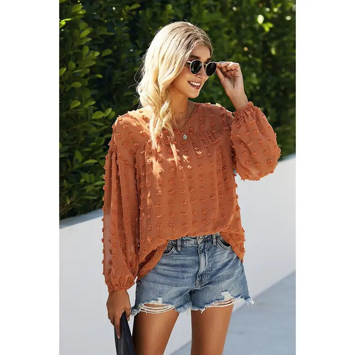SHEER V-NECK TEXTURED LONG SLEEVE