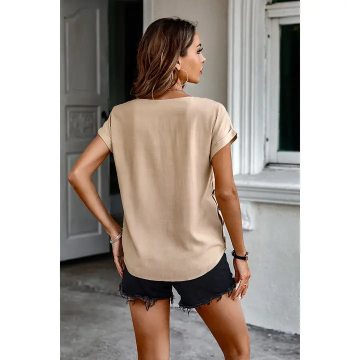 ROUND NECK KHAKI BLOUSE WITH SIDE BUTTONS