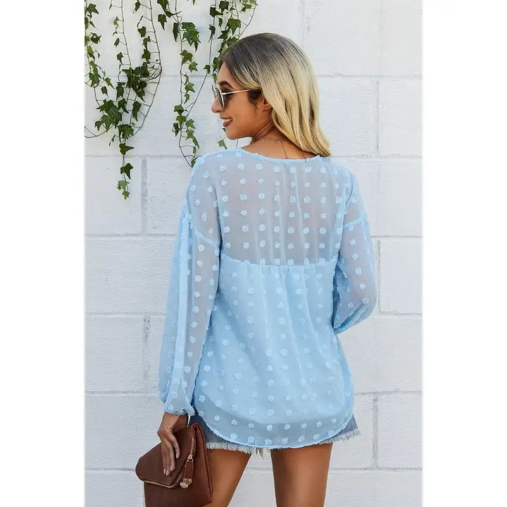SHEER V-NECK TEXTURED LONG SLEEVE