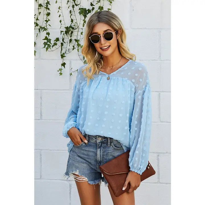 SHEER V-NECK TEXTURED LONG SLEEVE