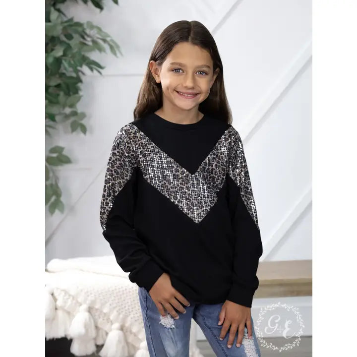 Girls Sequin Leopard Long Sleeve