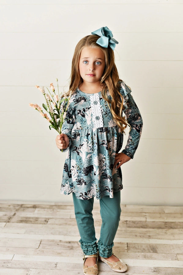 Girls Floral Ruffle Leggings Set