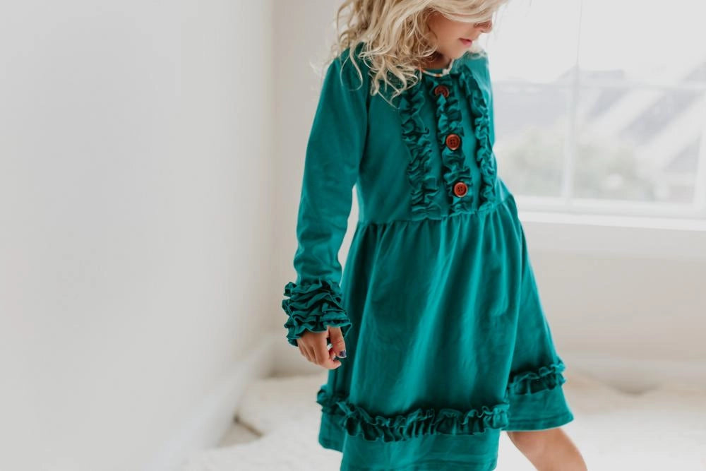 Girls Teal Button Dress