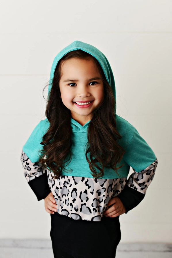 Girls Teal Leopard Hoody