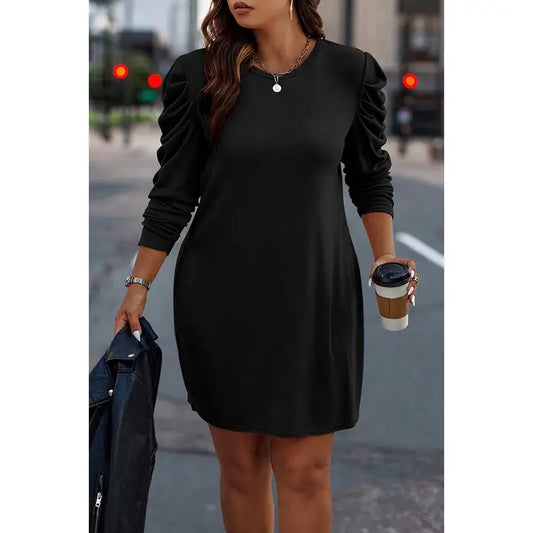 BLACK DRESS WITH PUFFED ROUCHED SLEEVES