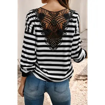 BLACK & WHITE STRIPE BUTTON SHOULDER LACE BACK