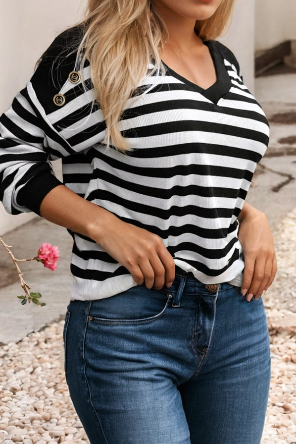 BLACK & WHITE STRIPE BUTTON SHOULDER LACE BACK