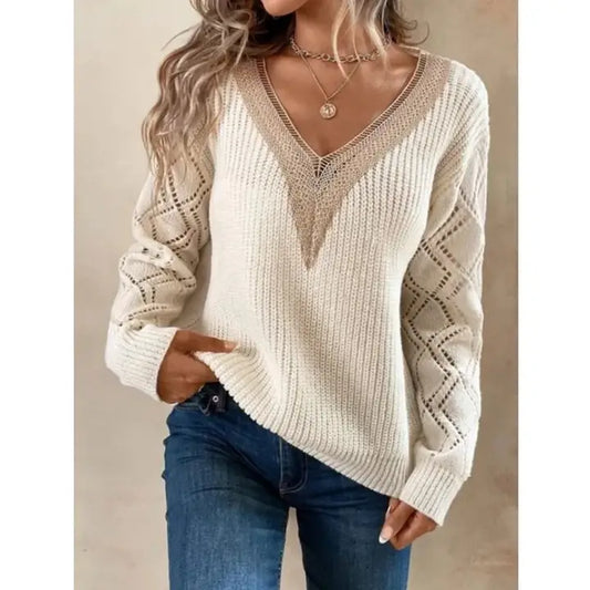 IVORY V-NECK PULLOVER CASUAL SWEATER
