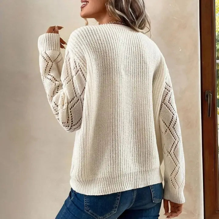 IVORY V-NECK PULLOVER CASUAL SWEATER