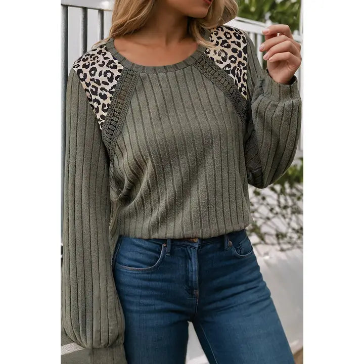 MOSS GREEN LEOPARD PRINT SOFT RIBBED KNIT
