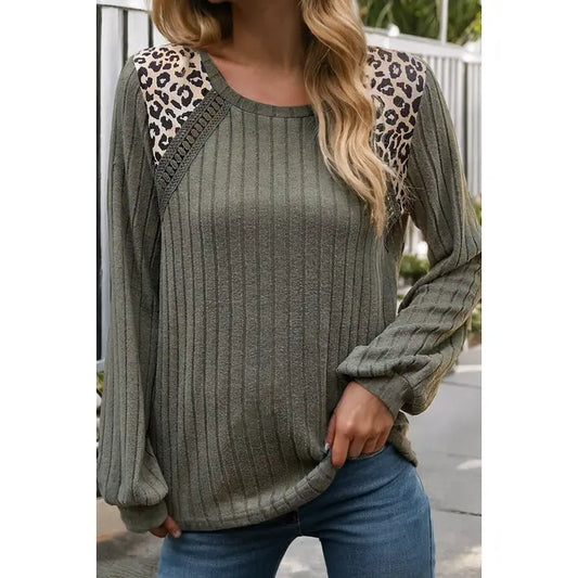 MOSS GREEN LEOPARD PRINT SOFT RIBBED KNIT